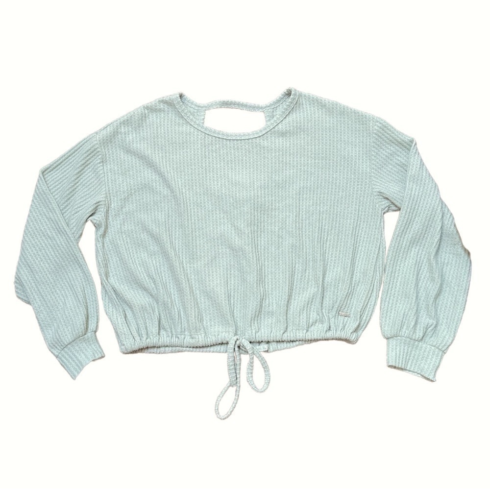 Hollister Waffle Knit Top Cinch Tie Waist Sea foam/ Mint Round Neck Open Back